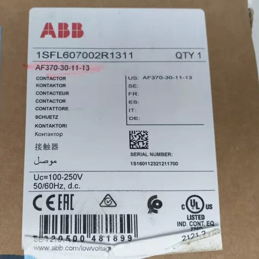ABB AF370-30-11-13 Contactor product label, showing part number, specifications, and certifications.