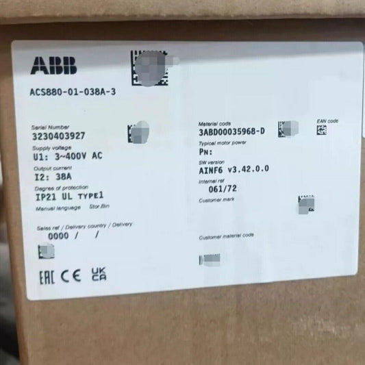 ABB ACS880-01-038A-3 18.5KW Inverter label with serial number, model info, and technical specifications.