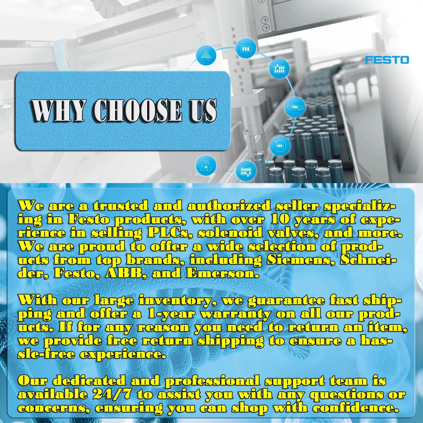 Why Choose Us? Trusted Festo products seller with fast shipping and warranty, offering PLCs, solenoid valves and more.