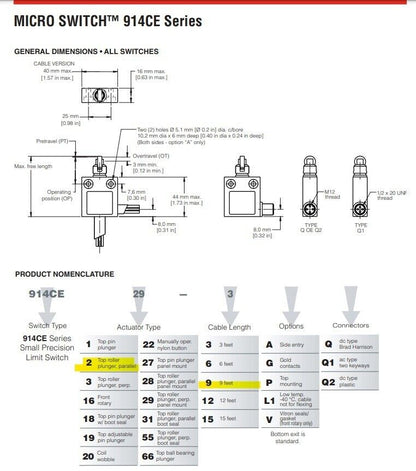 One Honeywell 914CE2-9 Microswitch SPDT Roller Plunger 9-ft Cable Scotland NEW