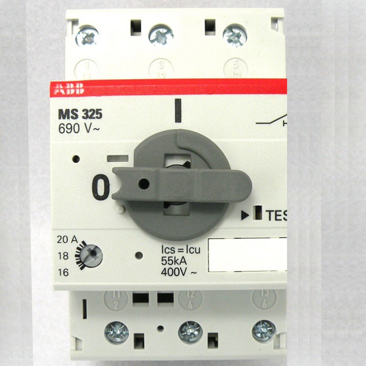 ABB MS325-20 circuit breaker, white housing with gray handle and knob, rated for 16-20A, industrial automation part.