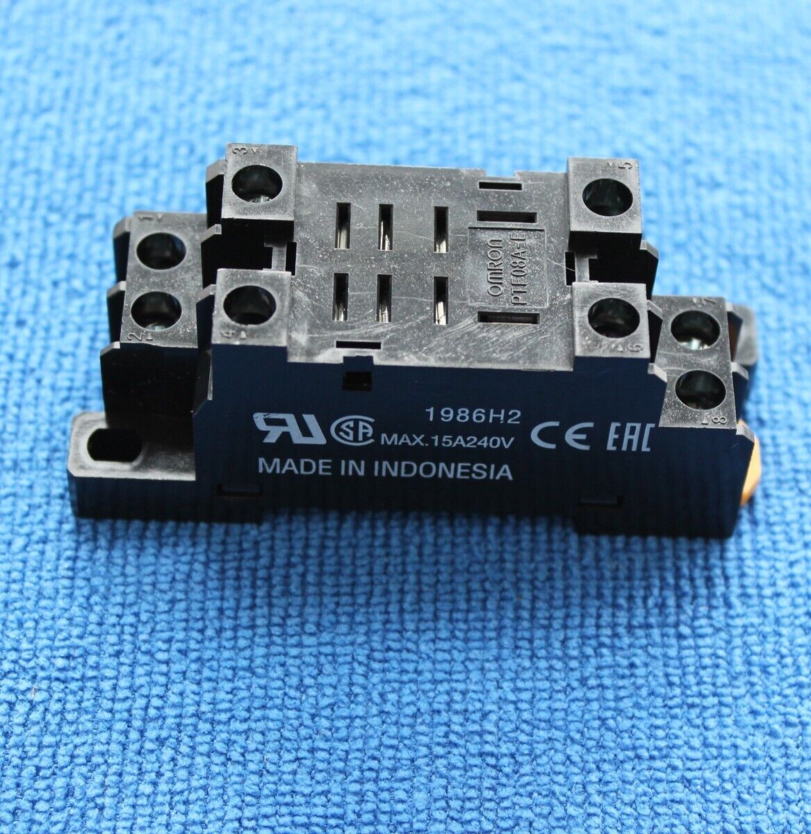 Omron PTF08A-E relay base socket, 8-pin, black plastic, industrial automation part, Made in Indonesia, max.15A 240V
