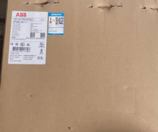 ABB AF580-30-11 contactor product packaging, with labels and specifications.