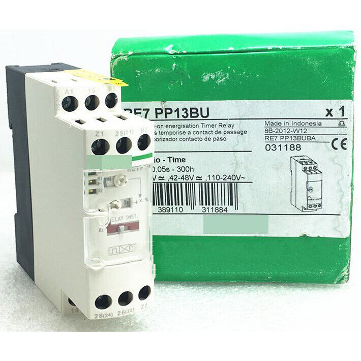Schneider Electric RE7 PP13BU industrial automation relay, timer relay, black and white component, with packaging