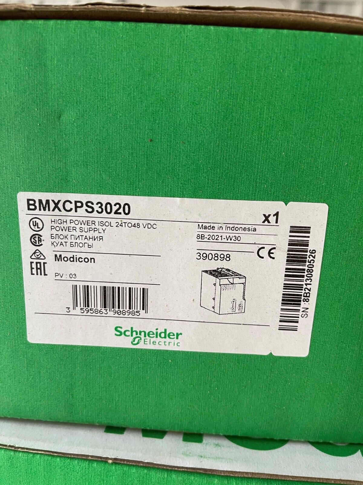 Schneider Electric BMXCPS3020 24VDC Power Supply, industrial automation part, Made in Indonesia, Modicon
