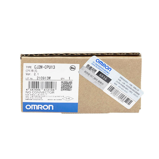 Omron CJ2M-CPU13 PLC Module, new in box, featuring product details and authenticity check label.