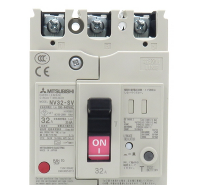 Mitsubishi NV32-SV 32A earth leakage circuit breaker with 'ON' indicator. PLC industrial automation part.