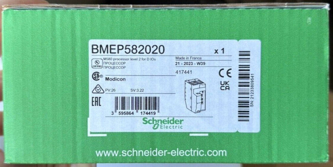 Schneider Electric BMEP582020 Modicon M580 Controller Module packaging, green box with product details.