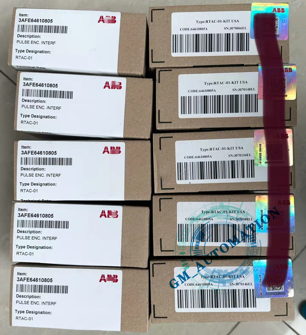 ABB RTAC-01 PULSE ENCODER INTERFACE Module, Multiple Boxes with product labels, featuring part number 3AFE64610805.