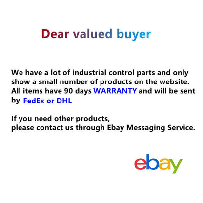 Industrial automation parts seller message: warranty, shipping, and eBay contact information. New in box.