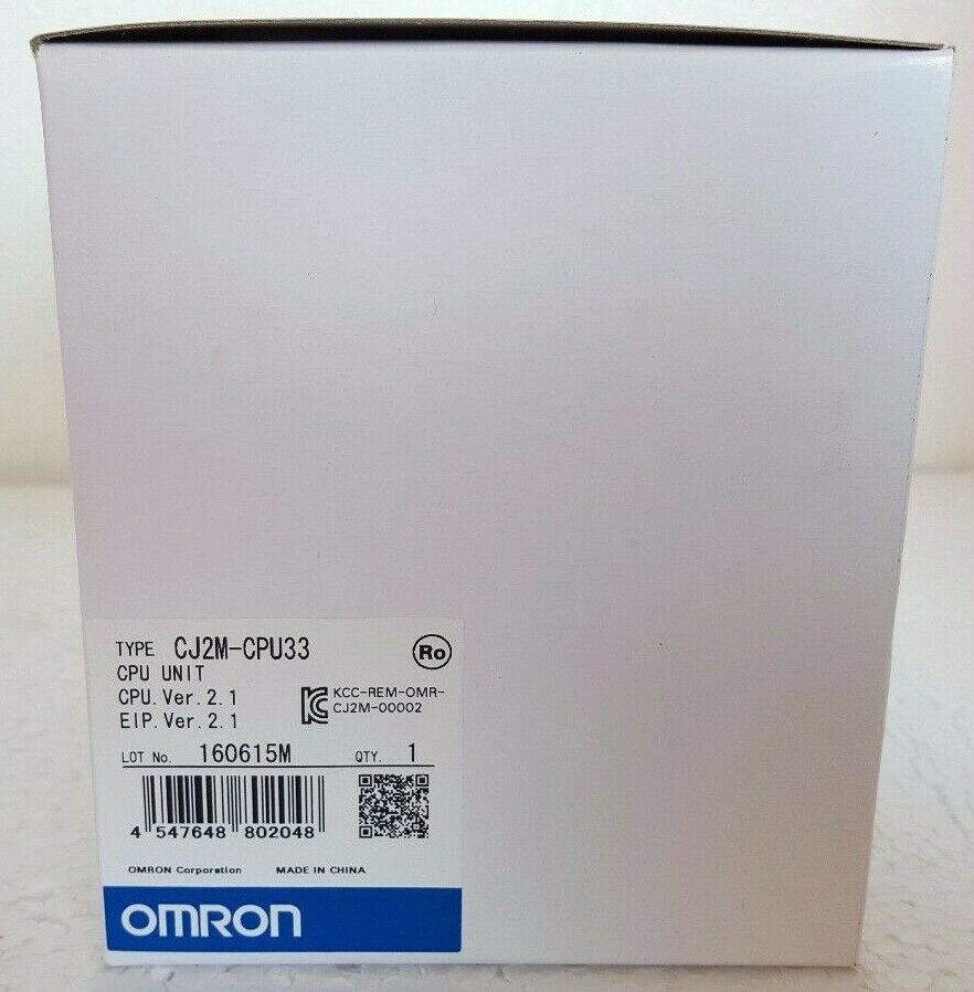 Omron CJ2M-CPU33 CPU Unit box, white packaging with product information label, angled view