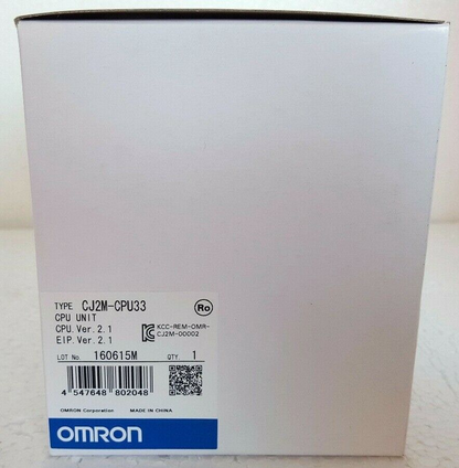 Omron CJ2M-CPU33 CPU Unit box, white packaging with product information label, angled view