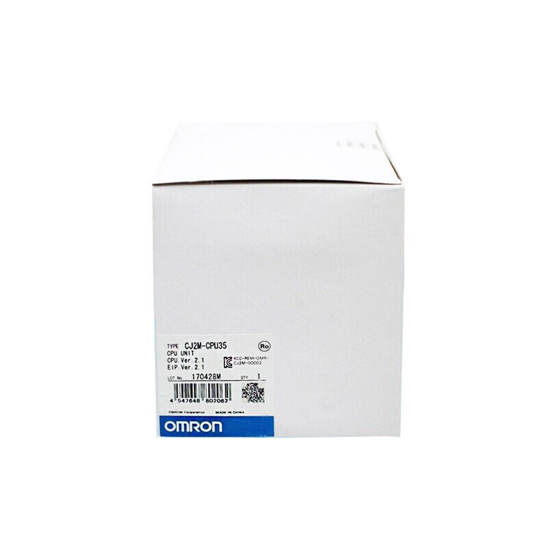 Omron CJ2M-CPU35 PLC CPU unit in box, new in box, with product information labels.