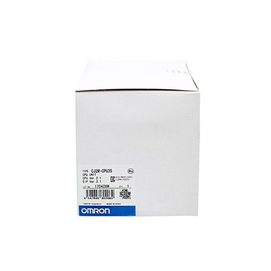 Omron CJ2M-CPU35 PLC CPU unit in box, new in box, with product information labels.
