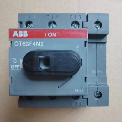 ABB OT63F4N2 switch disconnector, gray body with black handle, ON/OFF switch position indicator