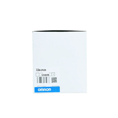 Omron CJ2M-CPU35 PLC Module in box. Product label includes model number, lot number, and the Omron logo.