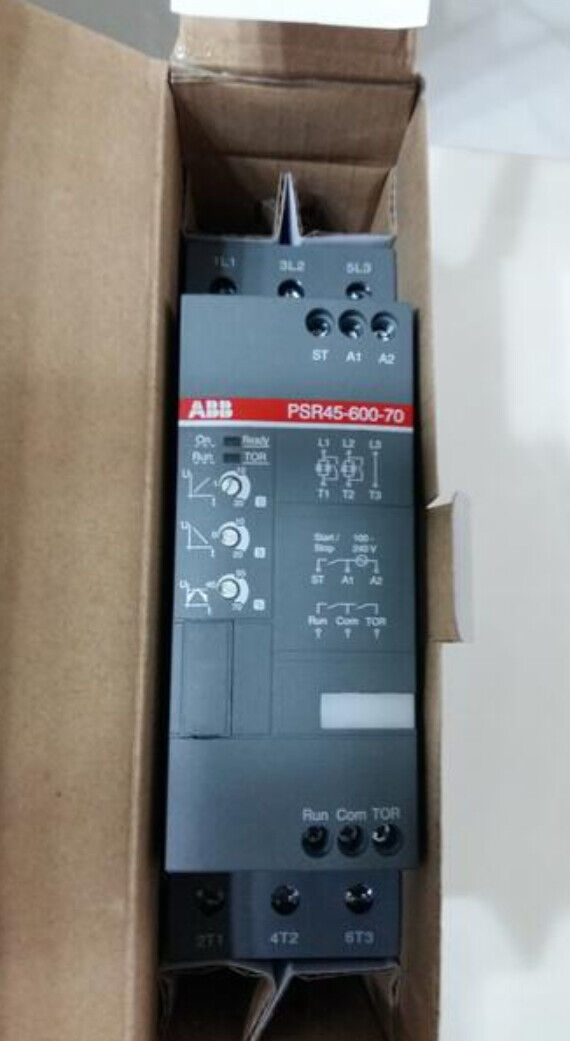 ABB PSR45-600-70 Soft Starter in box, industrial automation component, gray color, with labels.