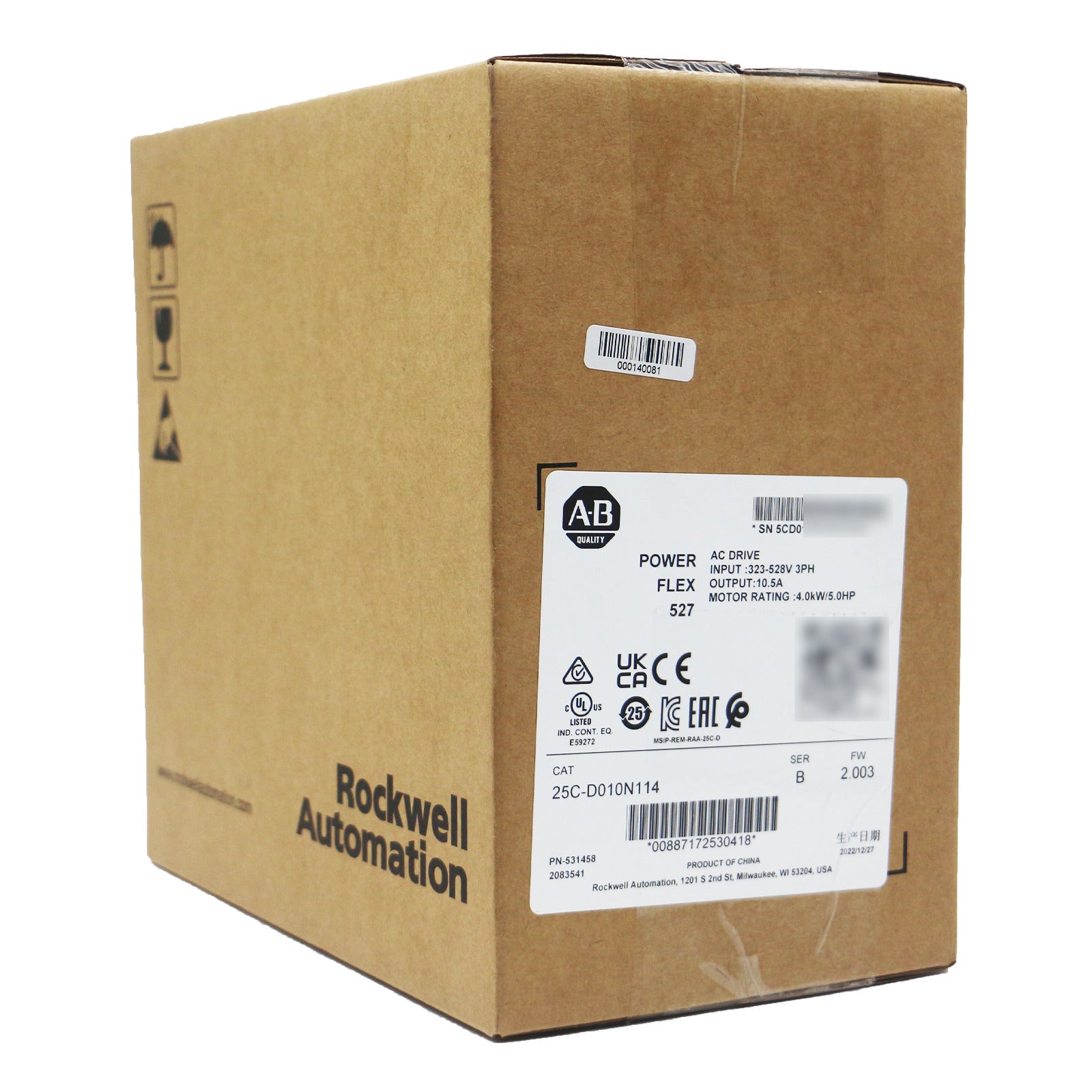 Allen-Bradley PowerFlex 527 AC Drive 25C-D010N114 in brown cardboard box, industrial automation parts.