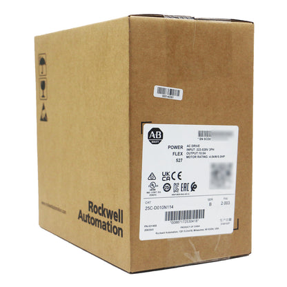 Allen-Bradley PowerFlex 527 AC Drive 25C-D010N114 in brown cardboard box, industrial automation parts.