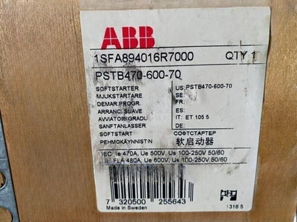ABB PSTB470-600-70 Softstarter, 1SFA894016R7000, Made in Sweden, industrial automation part.