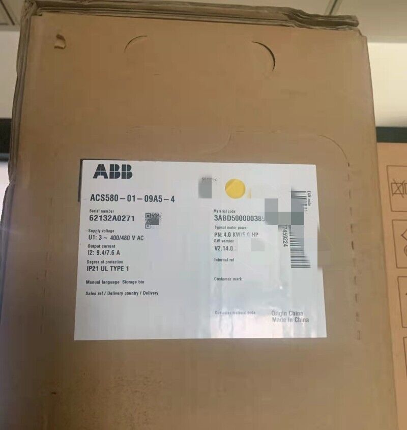 ABB ACS580-01-09A5-4 frequency converter packaging, featuring product details, model number and Made in China.