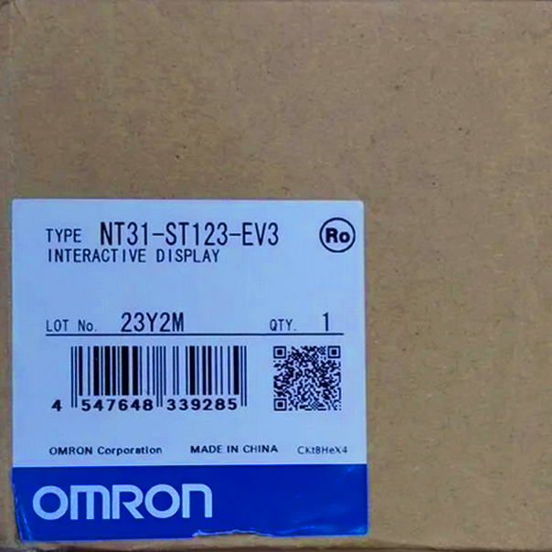 Omron NT31-ST123-EV3 Interactive Display PLC Module label detail with lot number and QTY 1, Made in China.