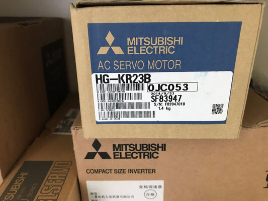 Mitsubishi HG-KR23B AC Servo Motor box, product packaging with labels and details.