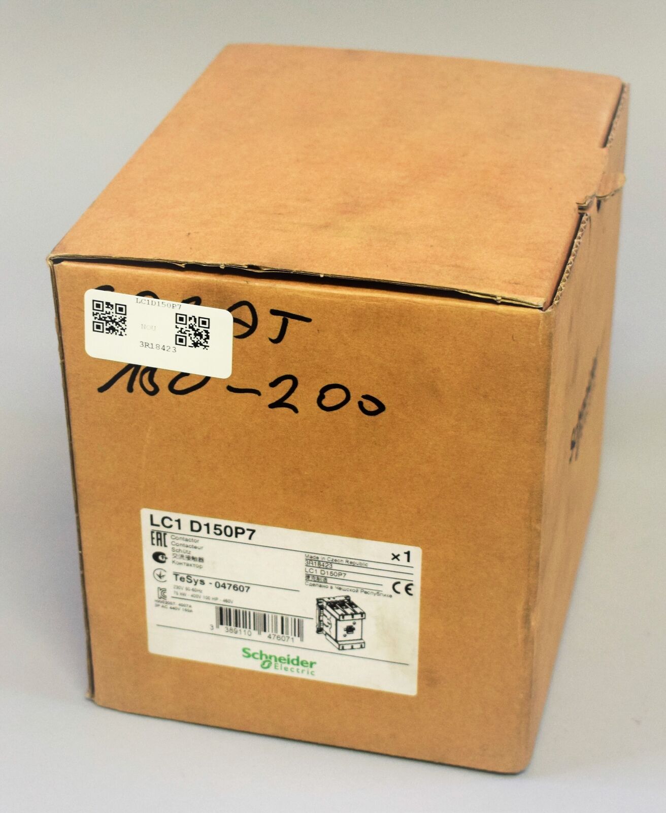 Schneider Electric LC1 D150P7 Contactor in a cardboard box, industrial automation part.