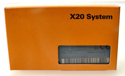 B&R X20 System, orange box with X20AI2222 and Made in Austria label, industrial automation parts.