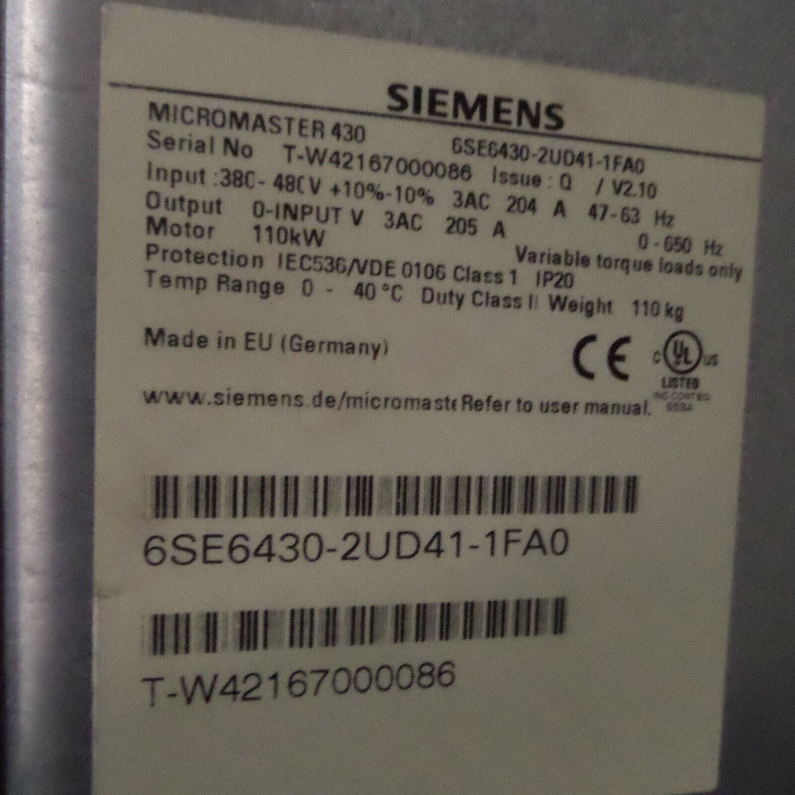 Siemens MICROMASTER 430 frequency converter label, model 6SE6430-2UD41-1FA0, industrial automation part, Made in EU