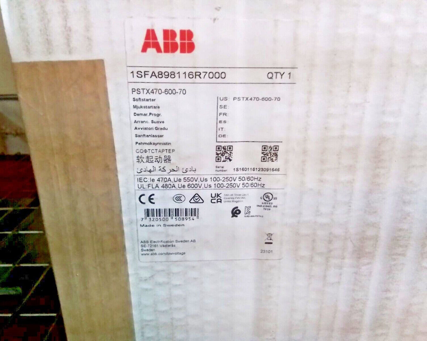 ABB PSTX470-600-70 Soft Starter - Product Label Detailing Specifications and Certifications