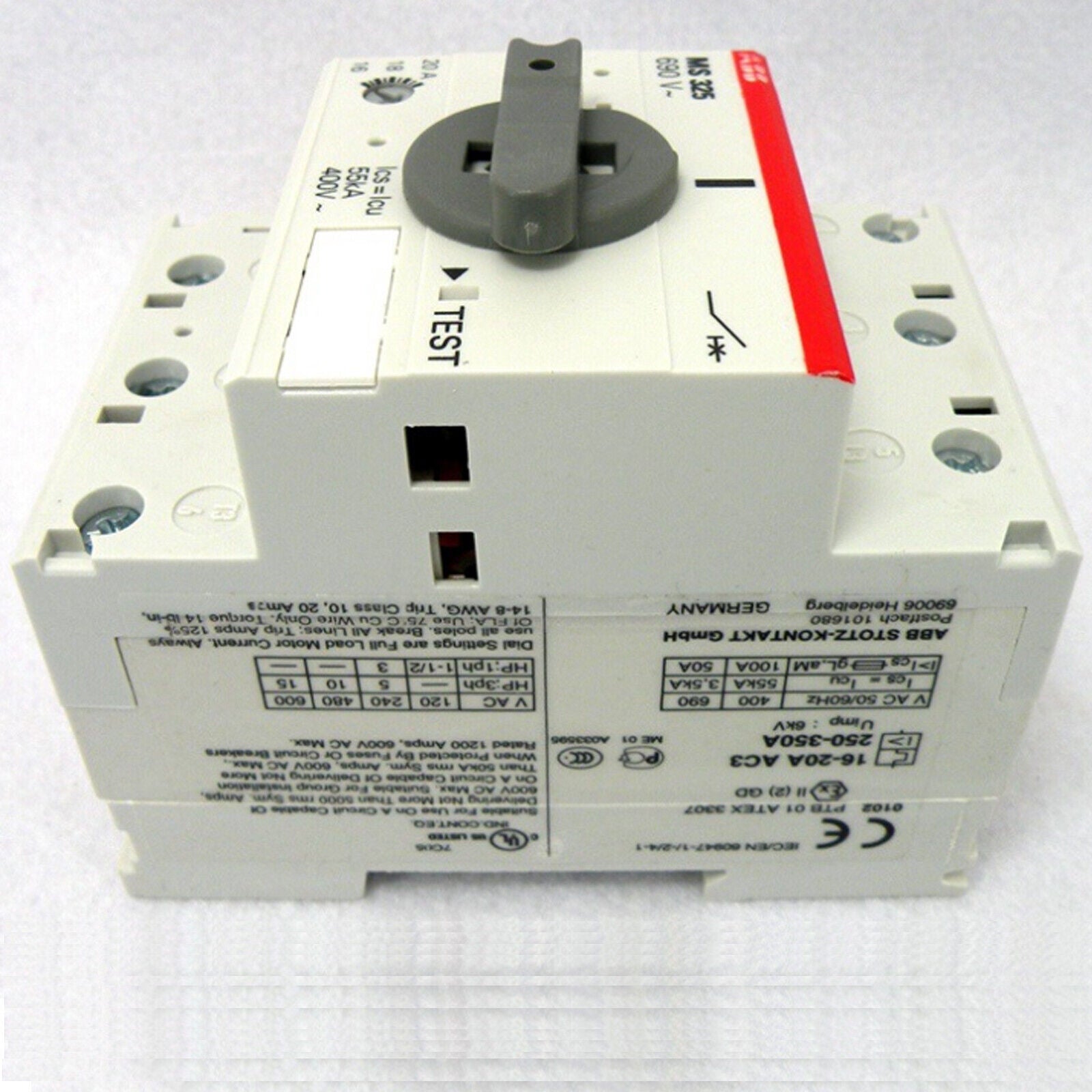 ABB MS325-20 circuit breaker with 16-20A rating, gray handle, and white housing, for industrial automation.
