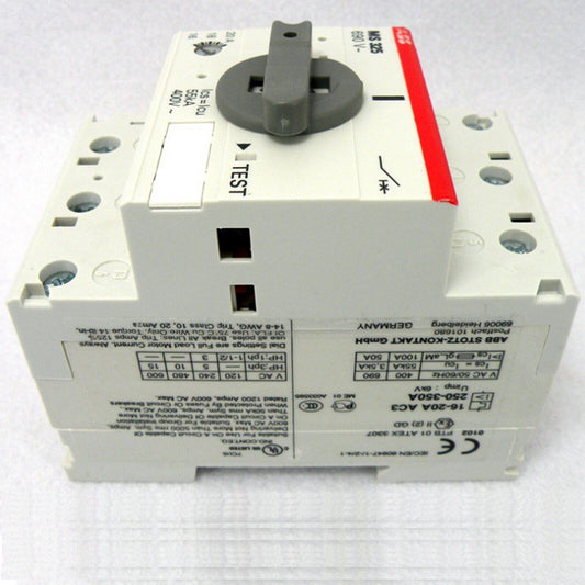 ABB MS325-20 circuit breaker with 16-20A rating, gray handle, and white housing, for industrial automation.