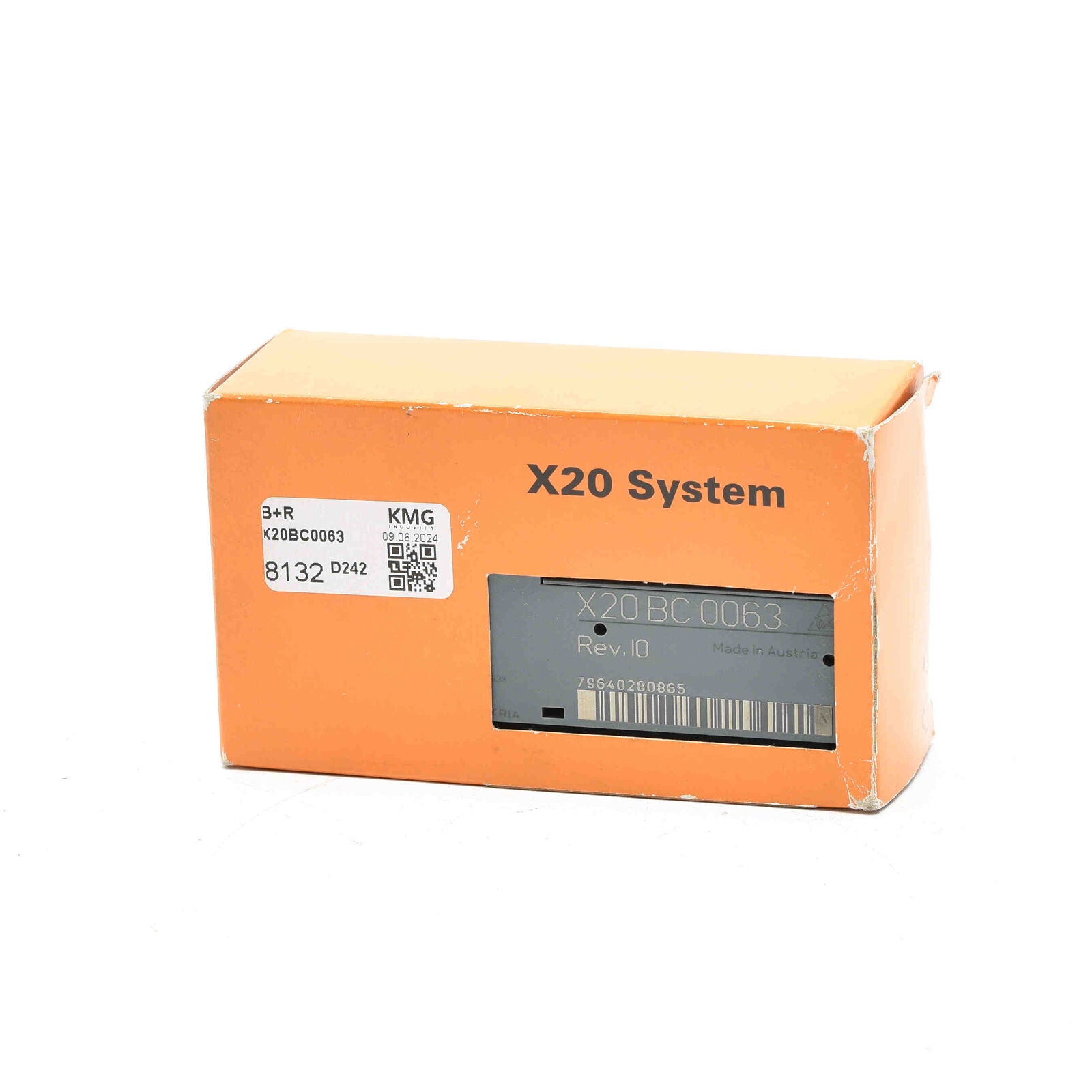 B&R X20 System X20BC0063 PLC module, orange box with product details, Made in Austria