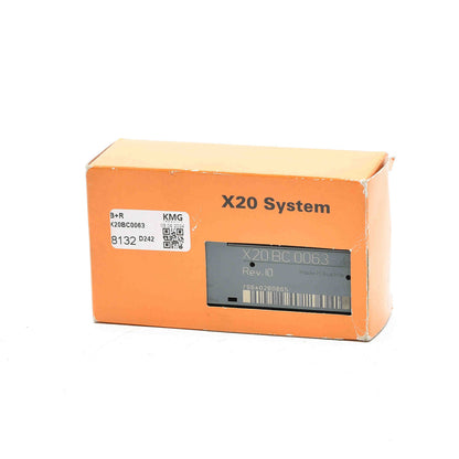 B&R X20 System X20BC0063 PLC module, orange box with product details, Made in Austria