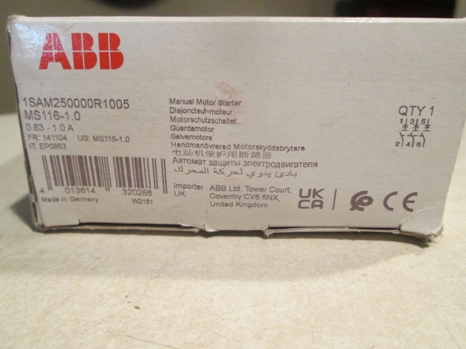 ABB MS116-1.0 Manual Motor Starter product box, 0.63-1.0 A, Made in Germany, NEW