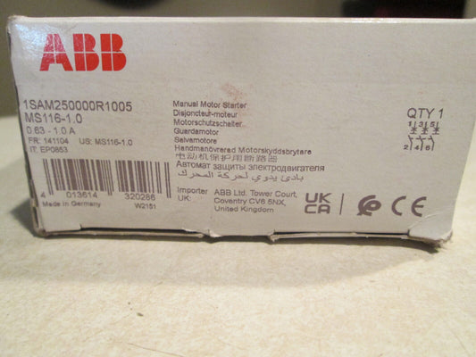 ABB MS116-1.0 Manual Motor Starter product box, 0.63-1.0 A, Made in Germany, NEW