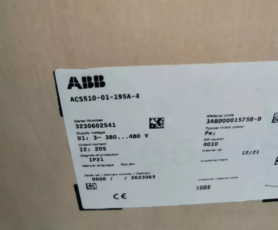 ABB ACS510-01-195A-4 Frequency Converter Label with technical specifications.