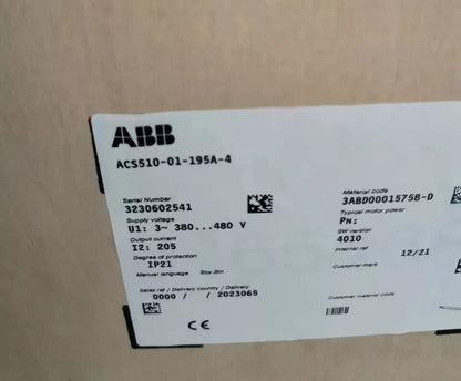 ABB ACS510-01-195A-4 Frequency Converter Label with technical specifications.