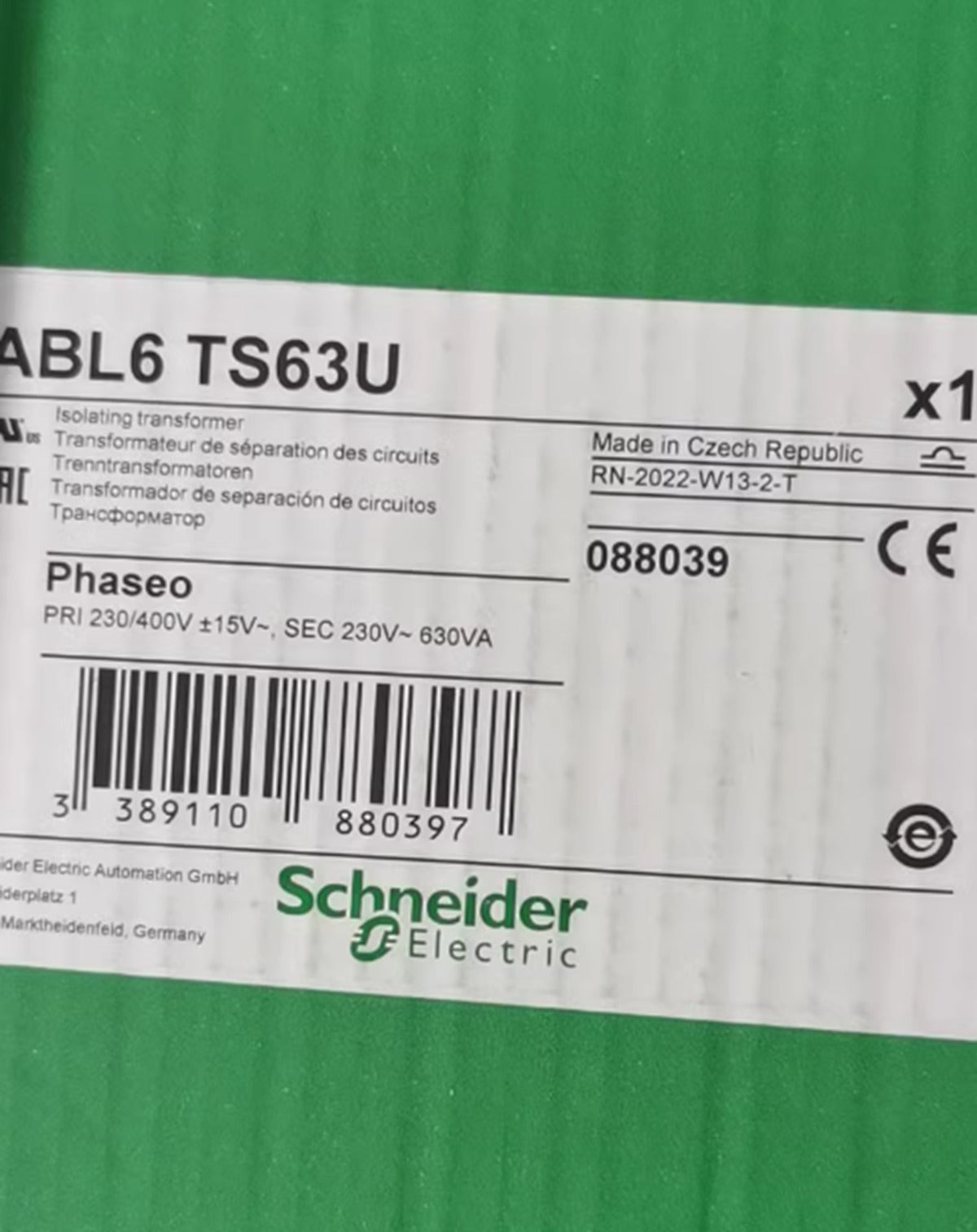 Schneider Electric ABL6 TS63U DIN rail transformer, 630VA, Made in Czech Republic