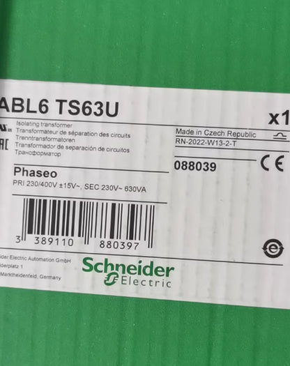 Schneider Electric ABL6 TS63U DIN rail transformer, 630VA, Made in Czech Republic
