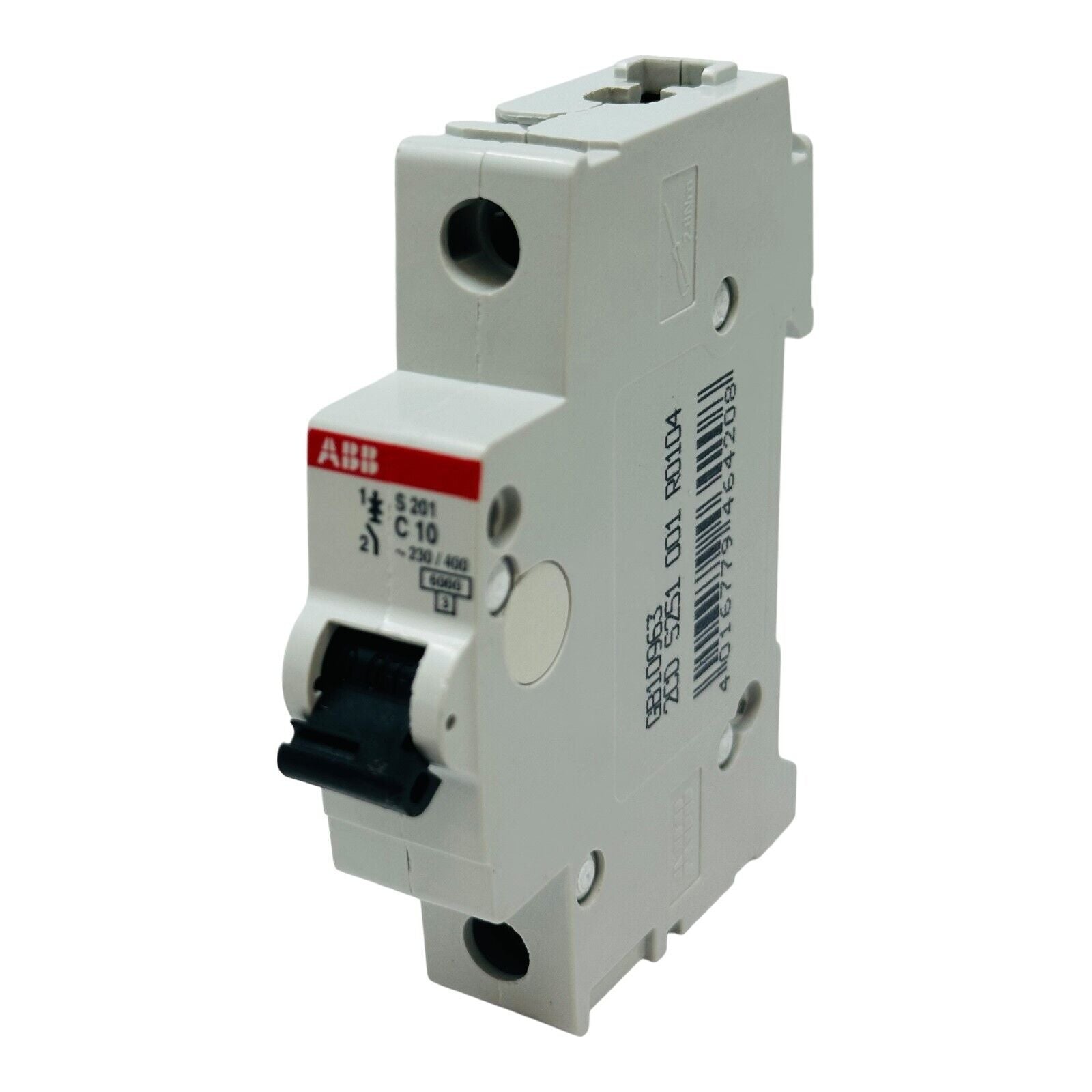 ABB S201-C10 miniature circuit breaker, white housing, black switch, industrial automation part