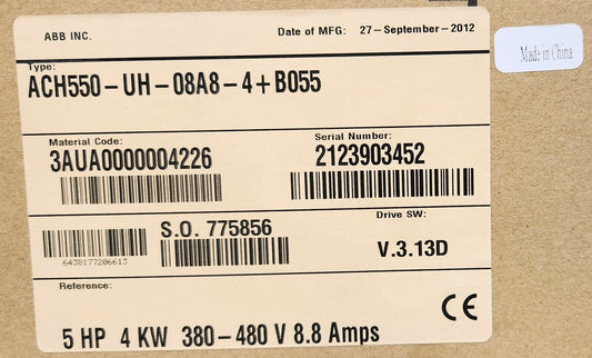 ABB ACH550-UH-08A8-4+B055 VFD label, 5 HP 4kW, 380-480V, Serial 2123903452, Made in China