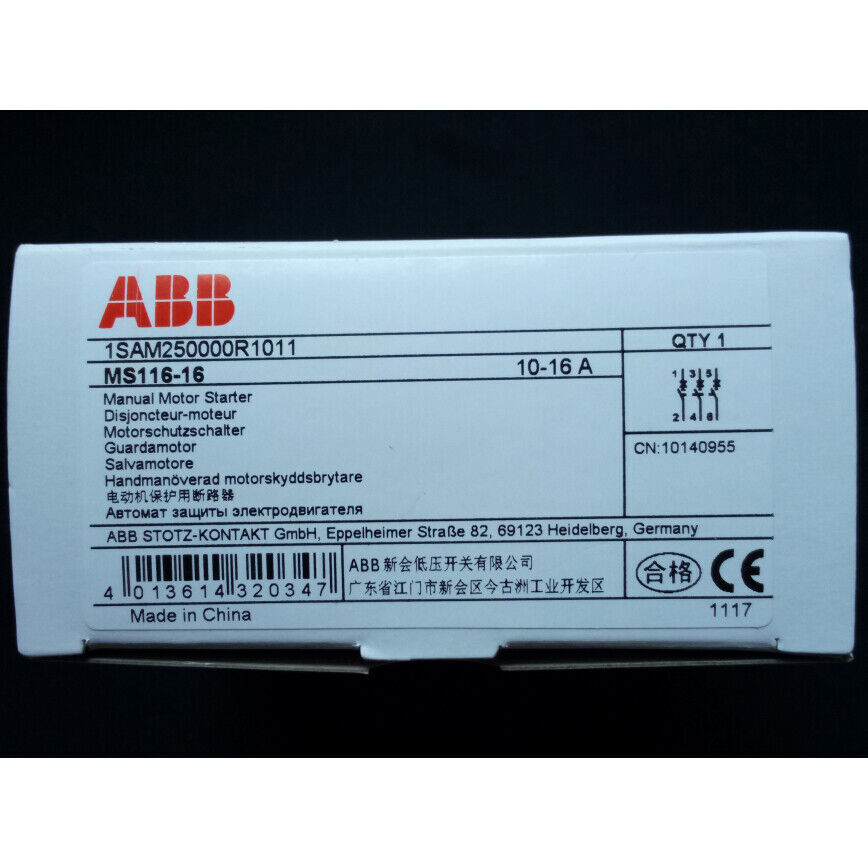 ABB MS116-16 Manual Motor Starter, 10-16A, product packaging, made in China