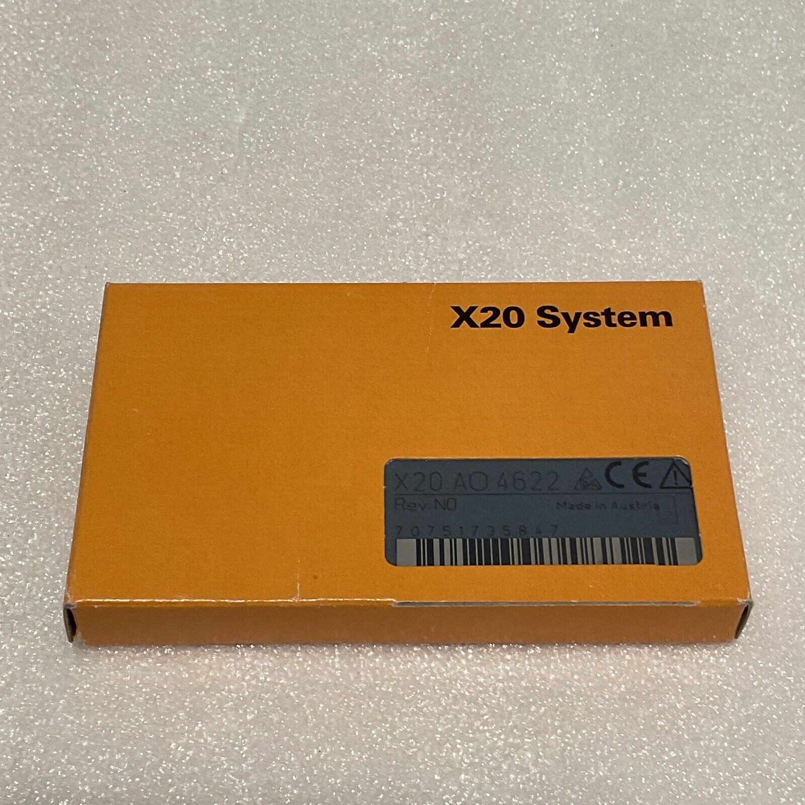 B&R X20 System Analog Input Module, orange box, model X20 AO 4622, Made in Austria, for industrial automation.