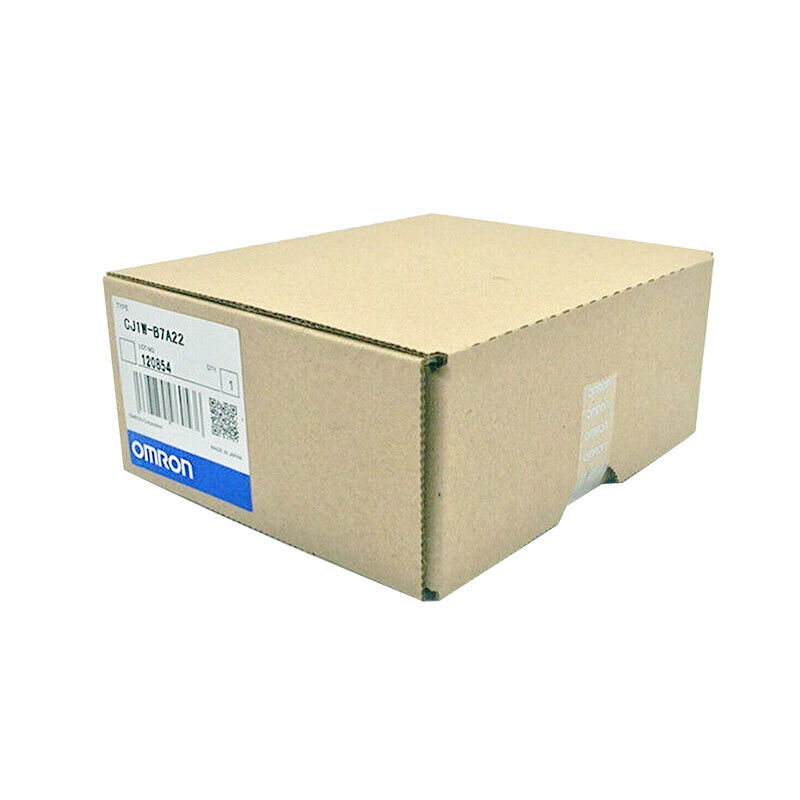 Omron CJ1W-B7A22 PLC Module in Box, side view showing product information label.