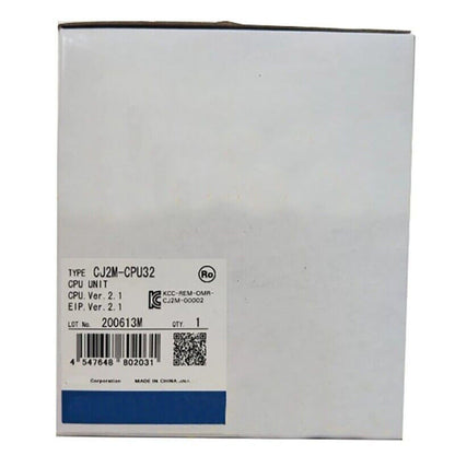 Omron CJ2M-CPU32 PLC Module in box, showing product information and labels.
