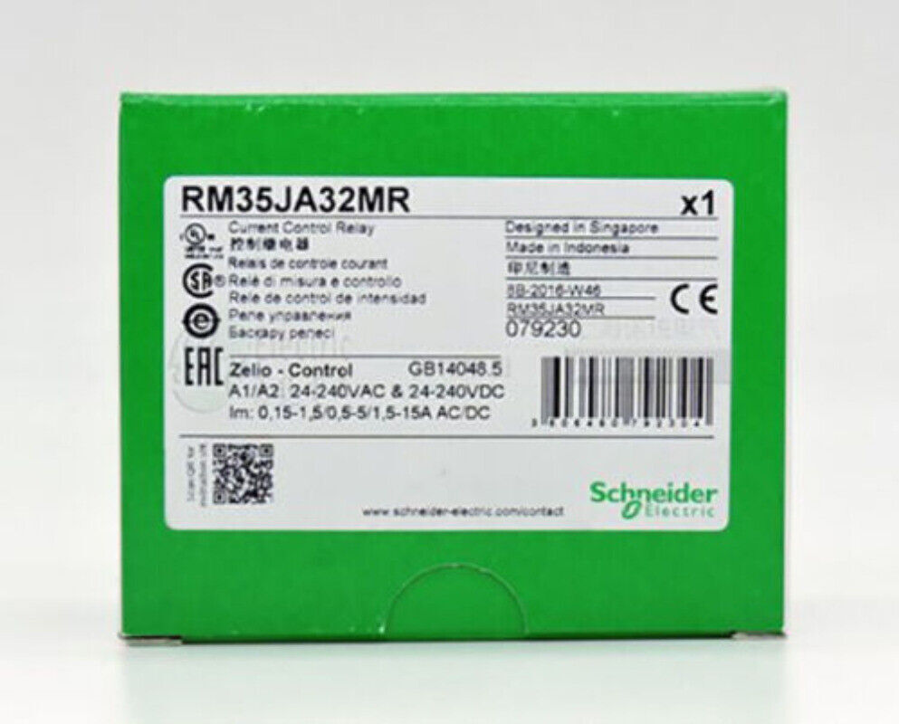 Schneider RM35JA32MR Current Control Relay box, green packaging with product information.