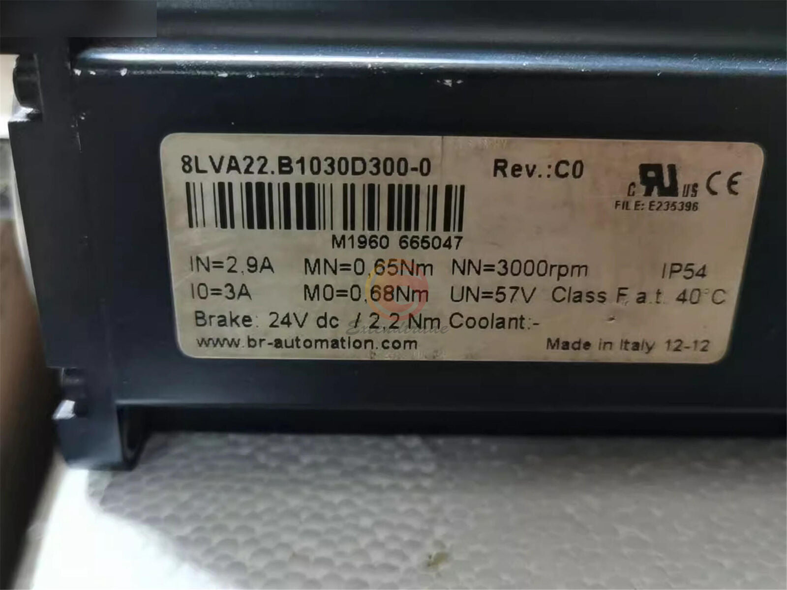 B&R 8LVA22.B1030D300-0 servo motor label, 2.9A, 0.65Nm, 3000rpm. Made in Italy industrial automation part.