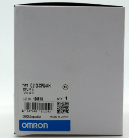 Omron CJ1G-CPU44H PLC in original packaging, new in box, featuring product details, barcode, and OMRON logo.